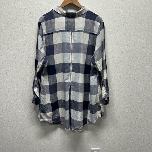 Soft Surroundings Blue Carreaux Back Zip Plaid 3/4 Sleeve Linen Blend Shirt 1X - Picture 8 of 14